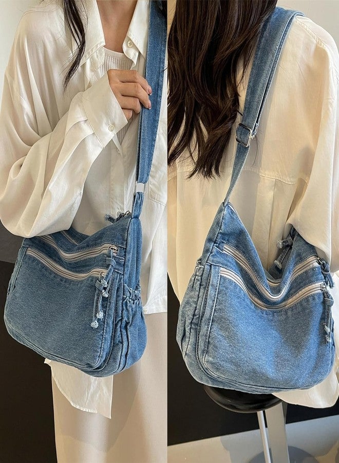 كون حقيبة كتف نسائية من قماش الدنيم من كاون، حقيبة كروسبودي أنيقة وخفيفة الوزن، حقيبة مراسلة كلاسيكية، حقيبة جينز كاجوال للاستخدام اليومي مع جيوب بسحاب (أزرق فاتح) - Image 2